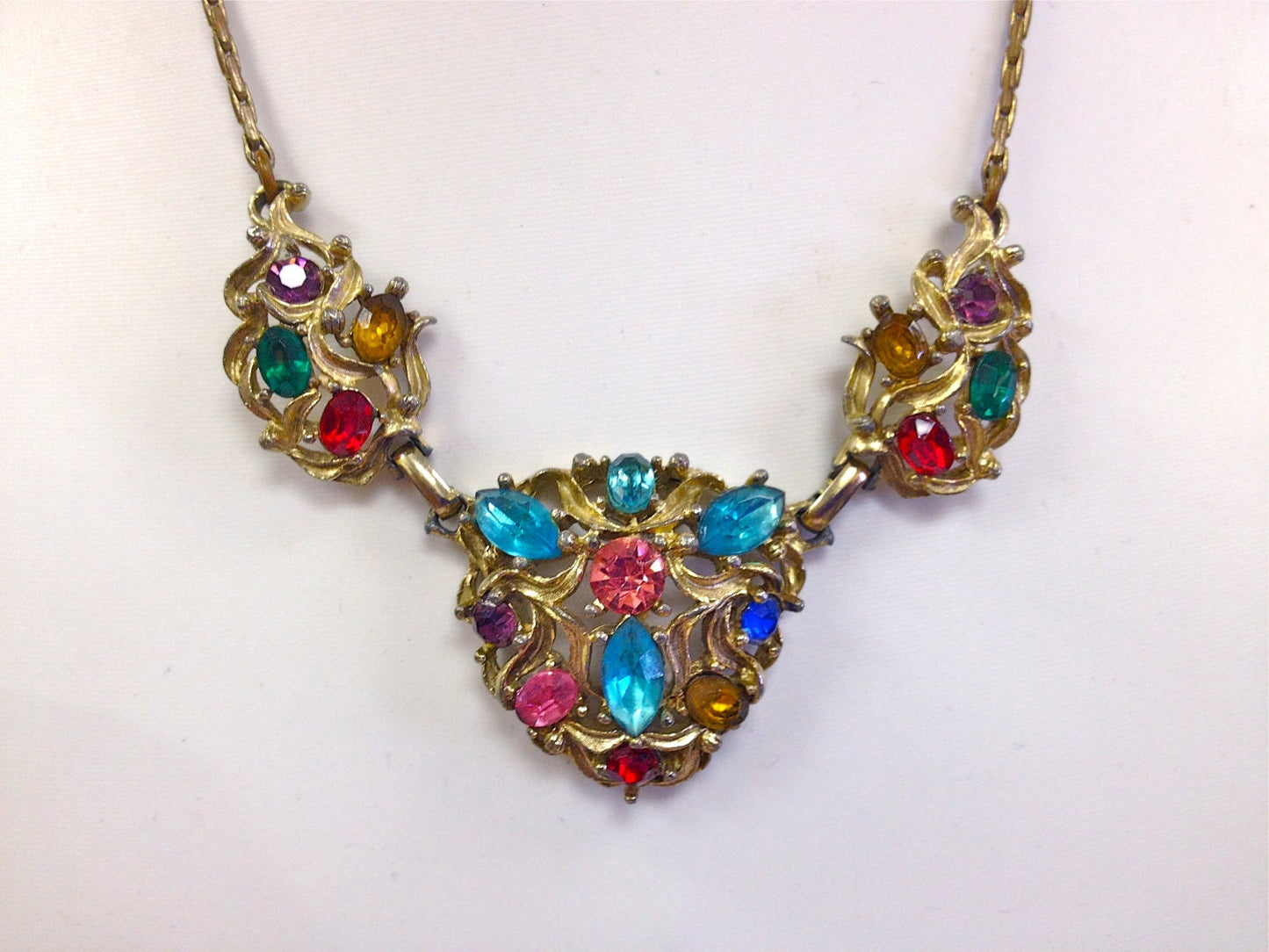 Beautiful Czech Gilt Metal Open Work Fruit Salad Multi Color Crystal Chevron Necklace