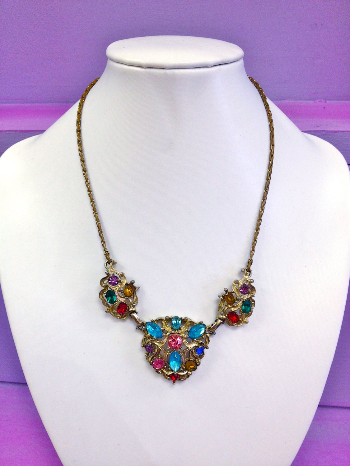 Beautiful Czech Gilt Metal Open Work Fruit Salad Multi Color Crystal Chevron Necklace