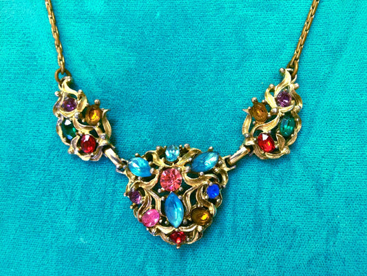 Beautiful Czech Gilt Metal Open Work Fruit Salad Multi Color Crystal Chevron Necklace