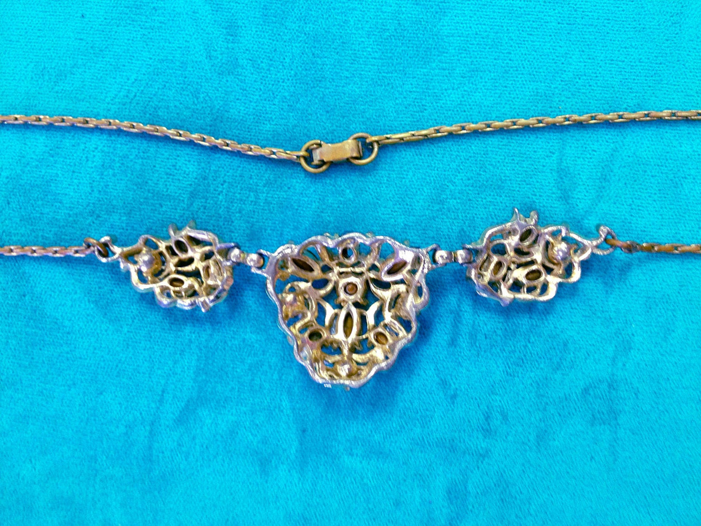 Beautiful Czech Gilt Metal Open Work Fruit Salad Multi Color Crystal Chevron Necklace