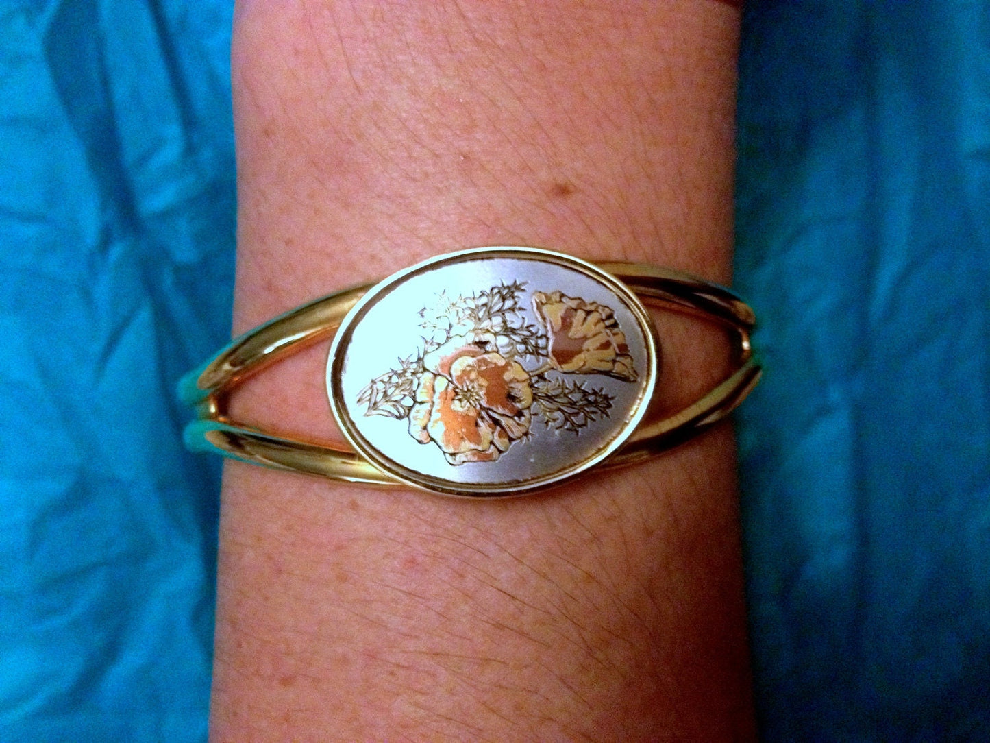 Vintage Reed & Barton Poppy Flower Damascening Gold Over Silver Cuff Bracelet