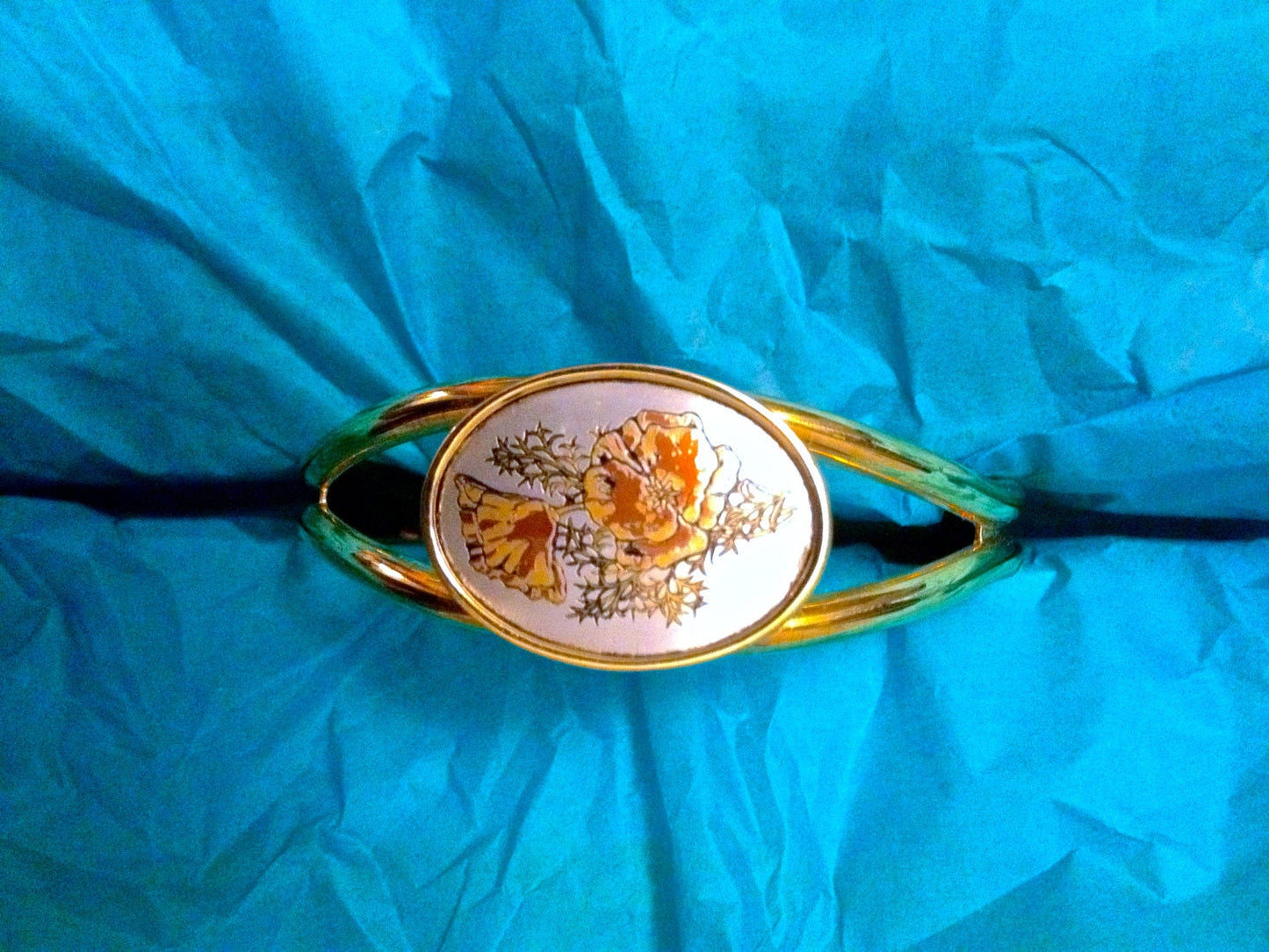 Vintage Reed & Barton Poppy Flower Damascening Gold Over Silver Cuff Bracelet