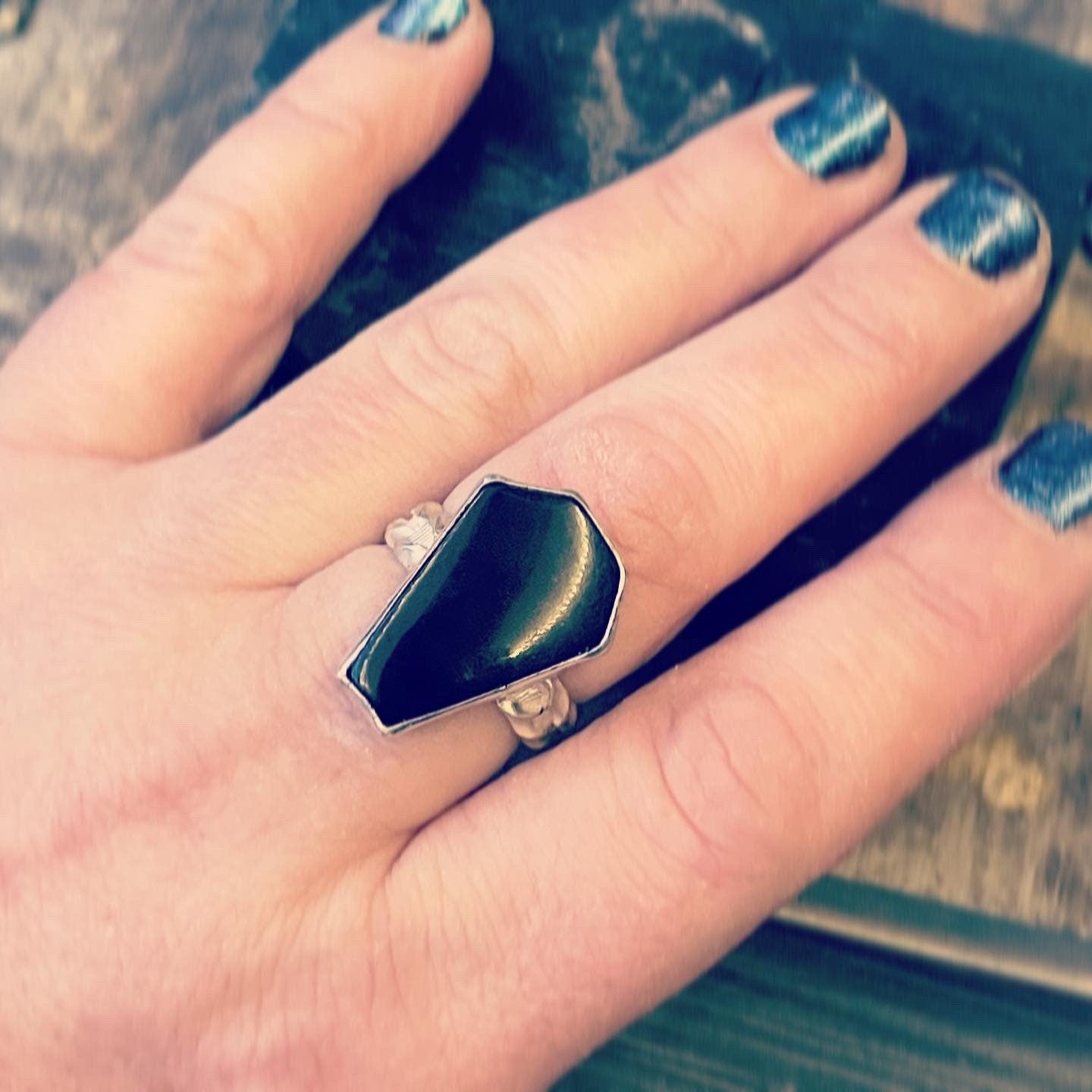 Onyx Coffin Cut Gemstone in Sterling Silver Gothic Momento Mori Ring