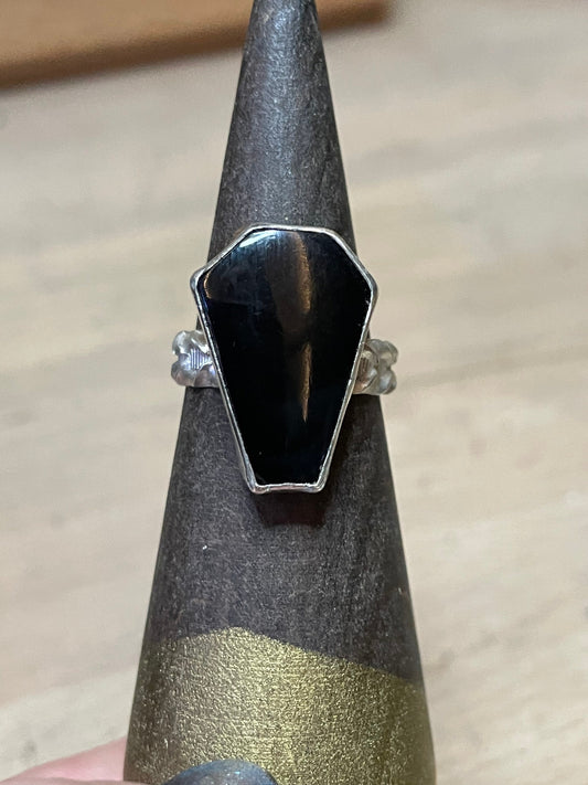 Onyx Coffin Cut Gemstone in Sterling Silver Gothic Momento Mori Ring