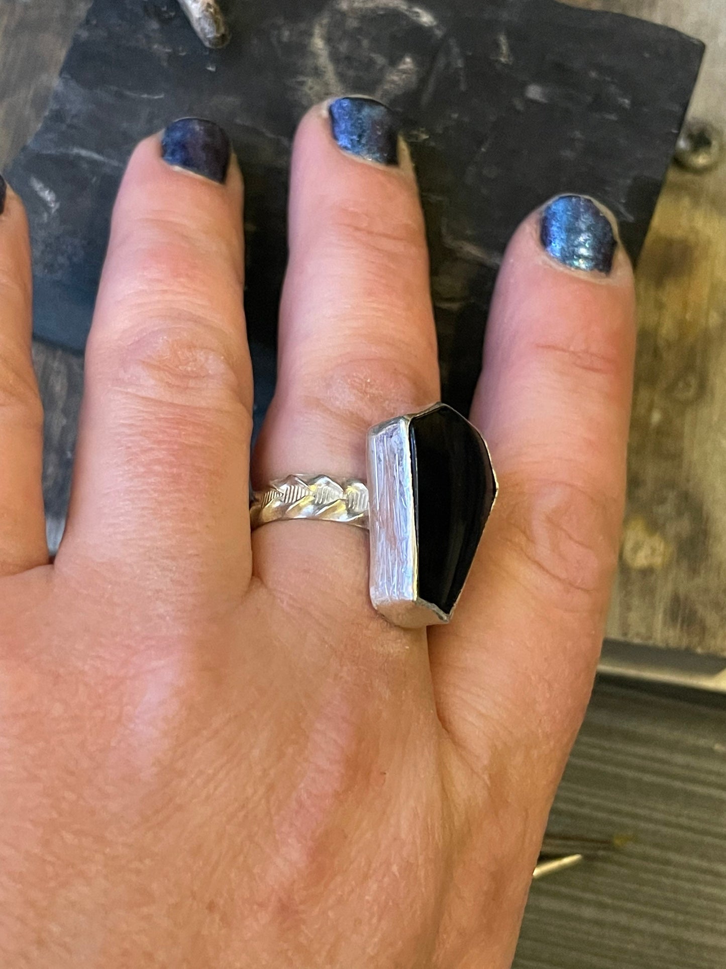 Onyx Coffin Cut Gemstone in Sterling Silver Gothic Momento Mori Ring