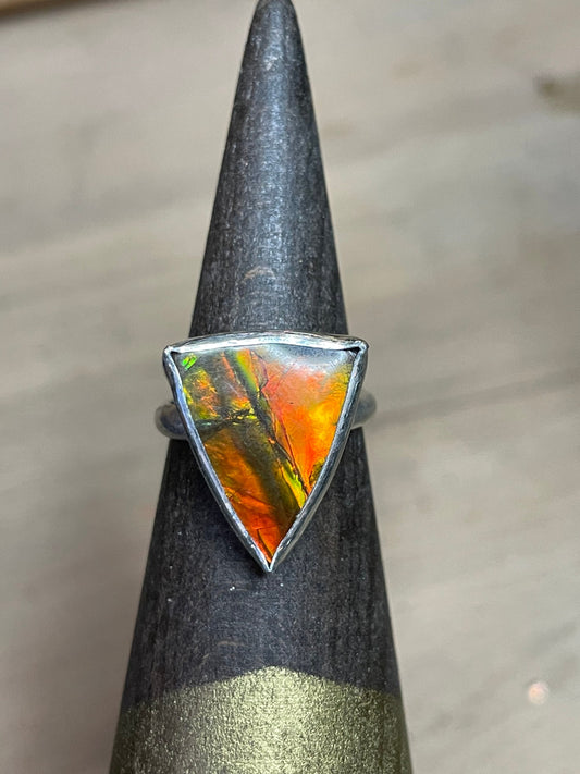 Ammolite Geometric Triangle Gemstone Sterling Silver Modernist Handmade OOAK Ring