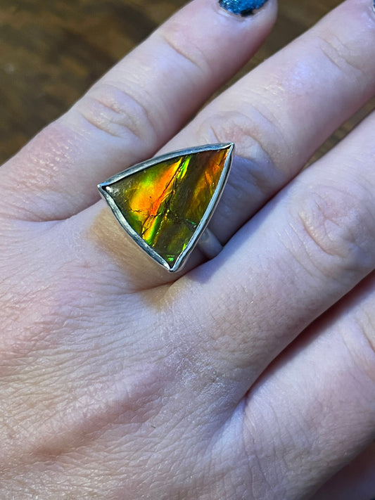 Ammolite Geometric Triangle Gemstone Sterling Silver Modernist Handmade OOAK Ring