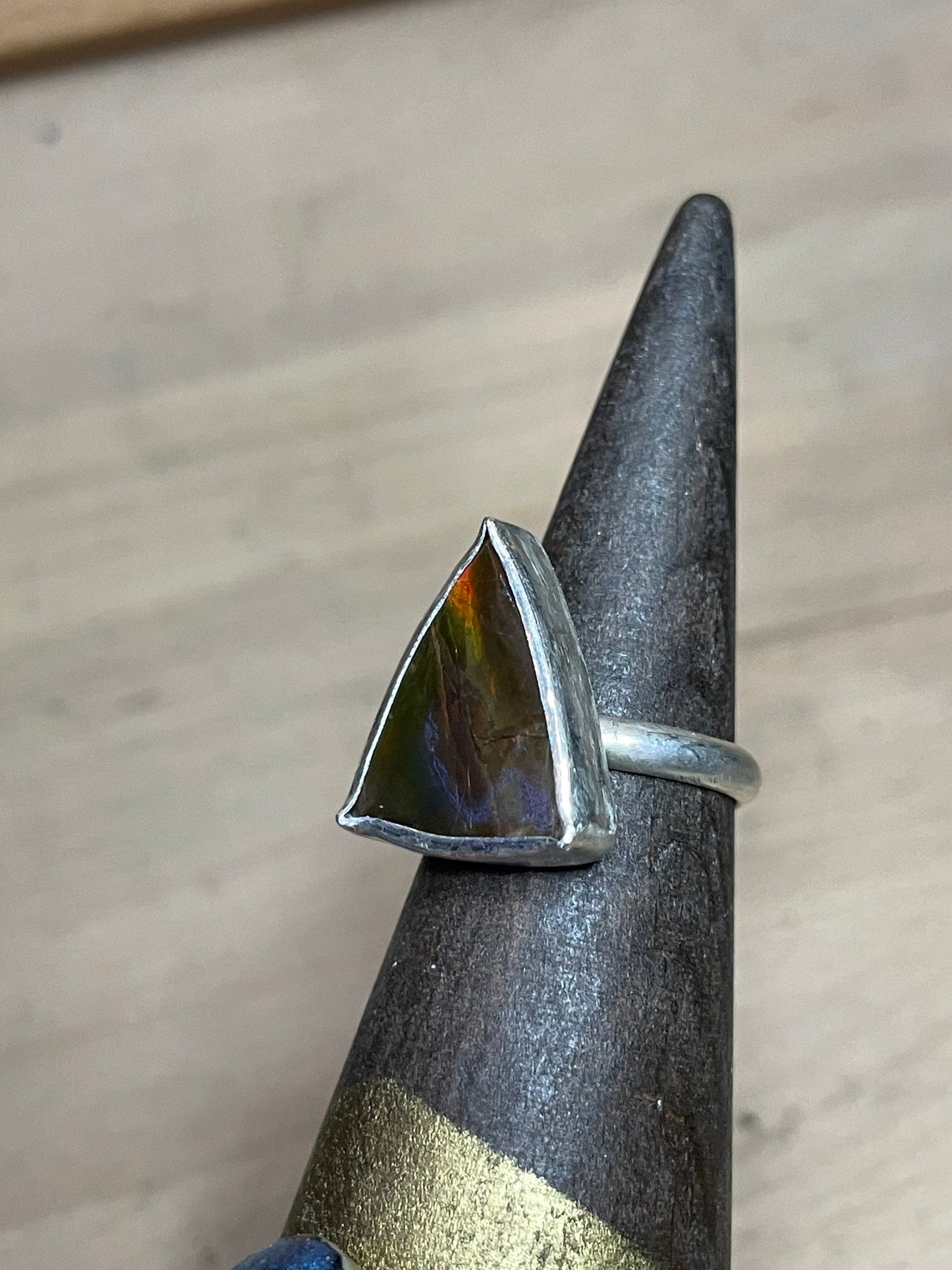 Ammolite Geometric Triangle Gemstone Sterling Silver Modernist Handmade OOAK Ring