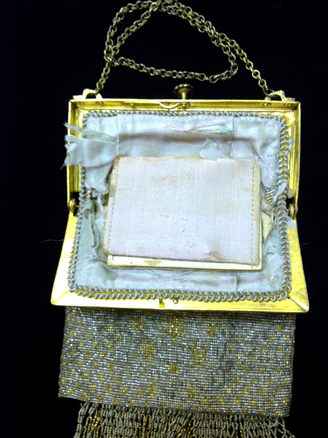 Antique Rococo Revival Victorian Opulent Gold & Silver Micro Bead Locking Metal Engraved Frame Woven Fringe Purse