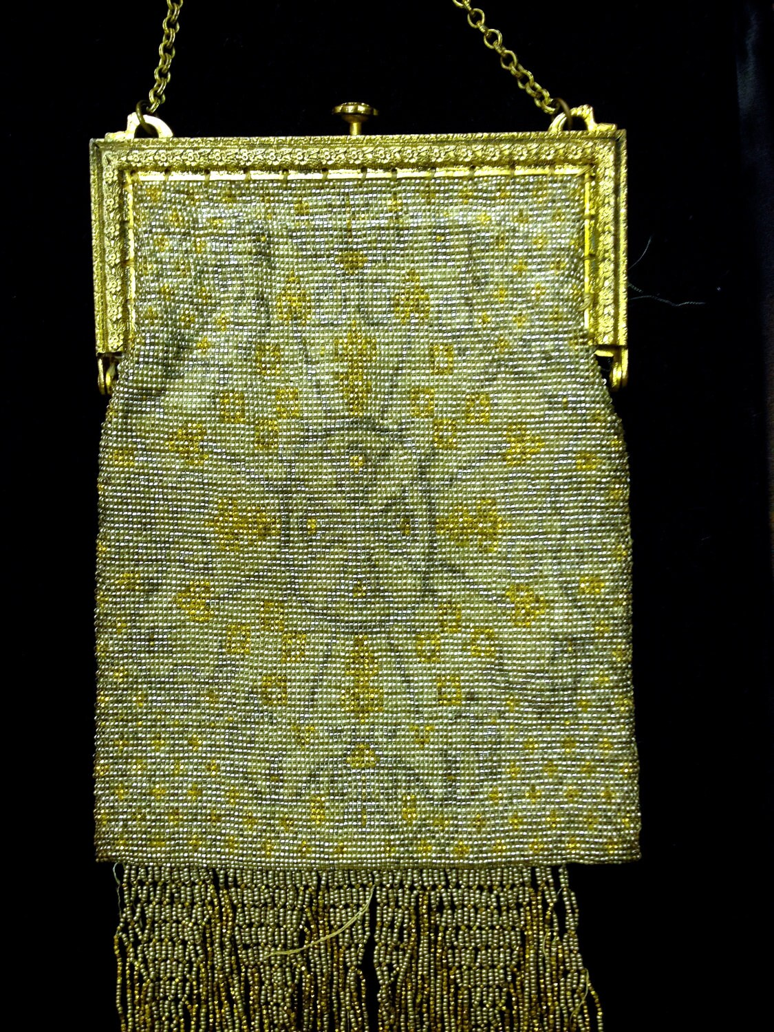 Antique Rococo Revival Victorian Opulent Gold & Silver Micro Bead Locking Metal Engraved Frame Woven Fringe Purse