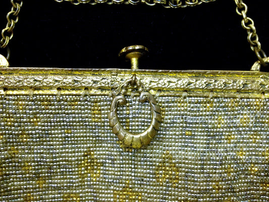 Antique Rococo Revival Victorian Opulent Gold & Silver Micro Bead Locking Metal Engraved Frame Woven Fringe Purse