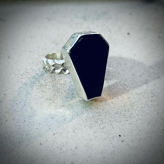 Onyx Coffin Cut Gemstone in Sterling Silver Gothic Momento Mori Ring