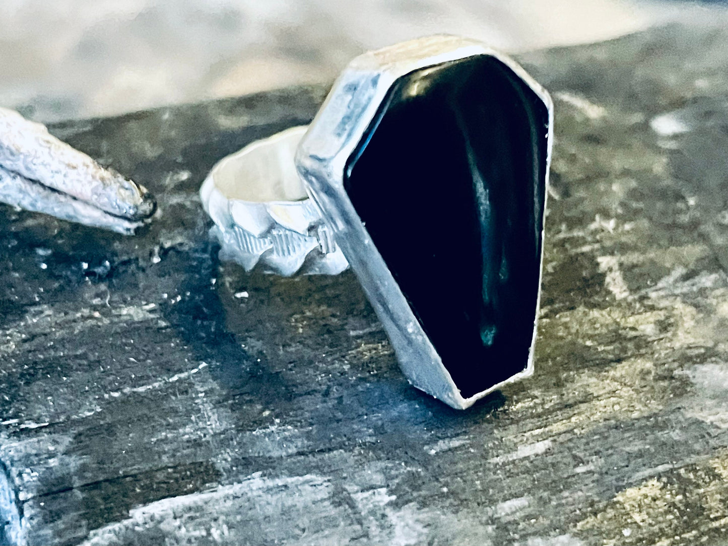 Onyx Coffin Cut Gemstone in Sterling Silver Gothic Momento Mori Ring