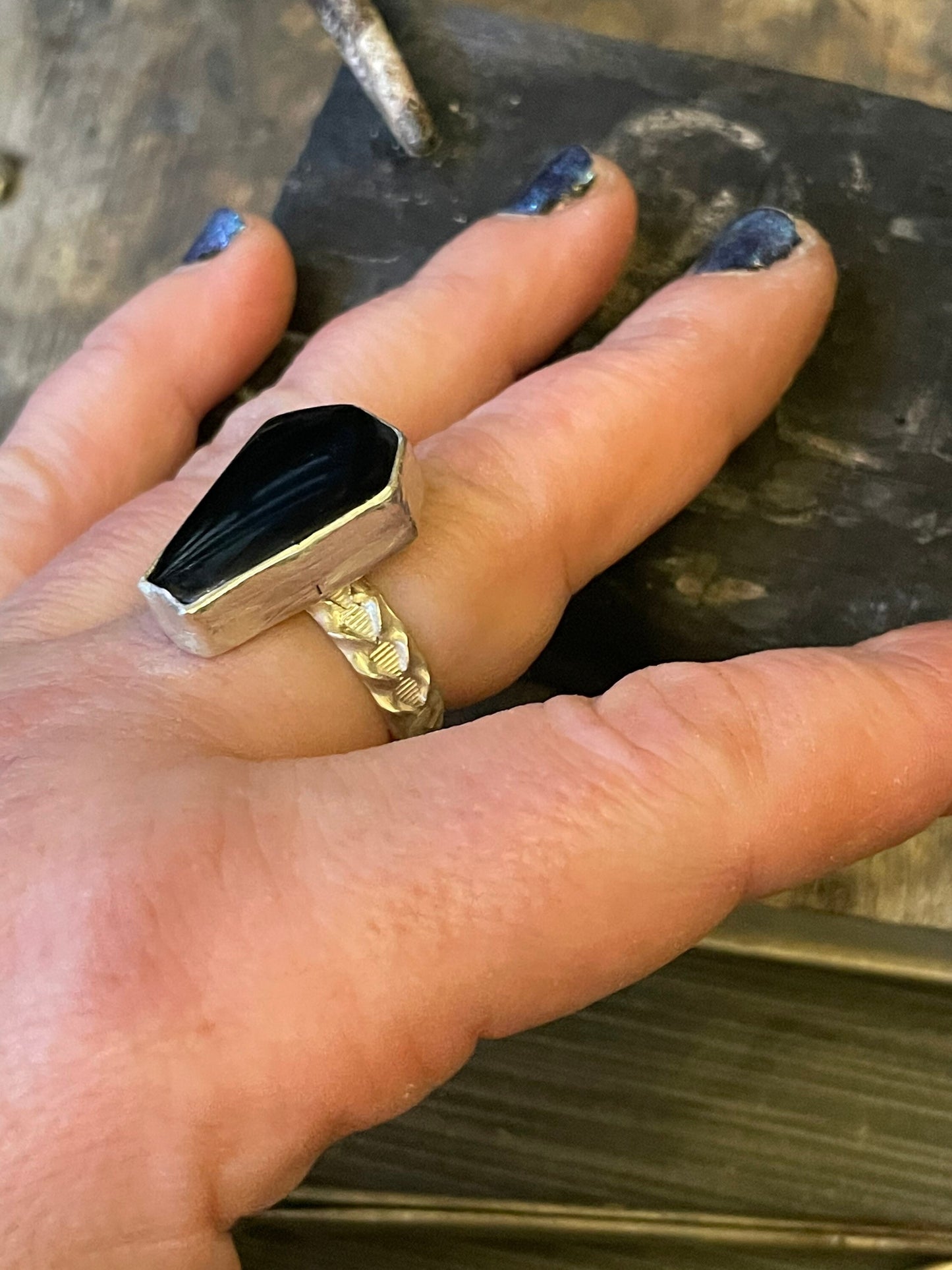 Onyx Coffin Cut Gemstone in Sterling Silver Gothic Momento Mori Ring
