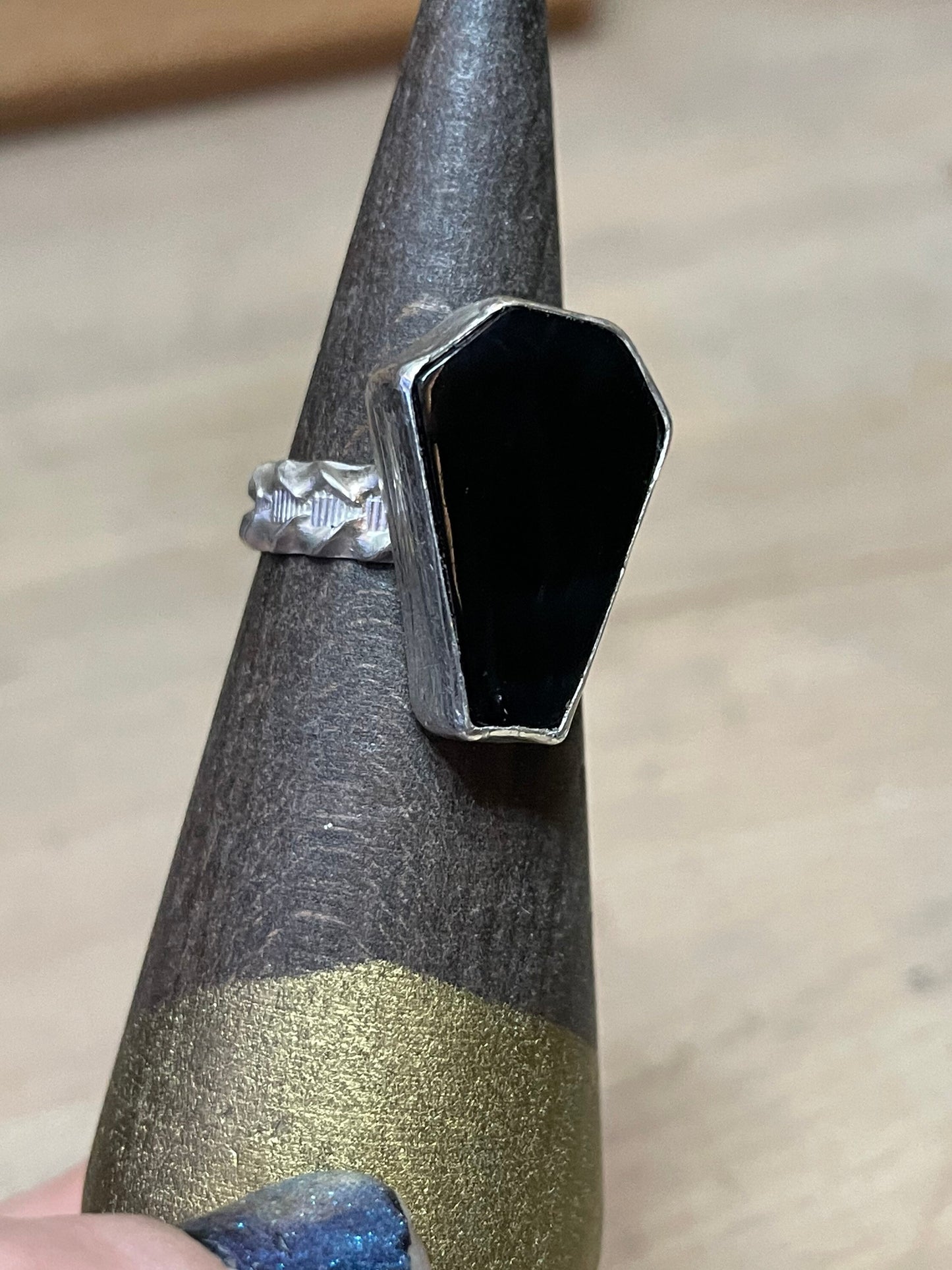 Onyx Coffin Cut Gemstone in Sterling Silver Gothic Momento Mori Ring