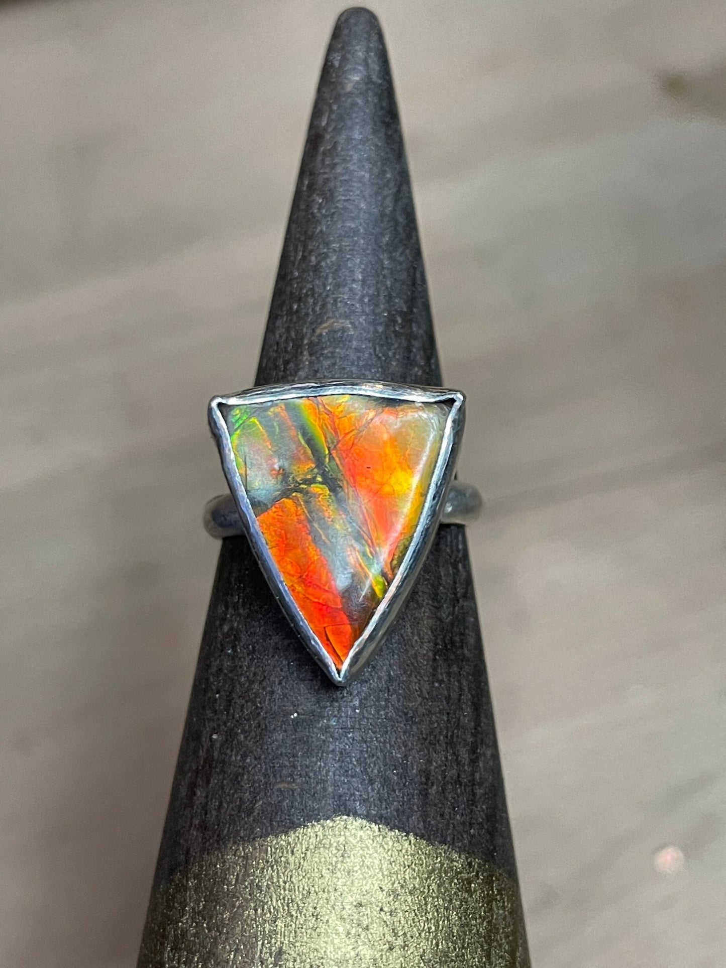 Ammolite Geometric Triangle Gemstone Sterling Silver Modernist Handmade OOAK Ring
