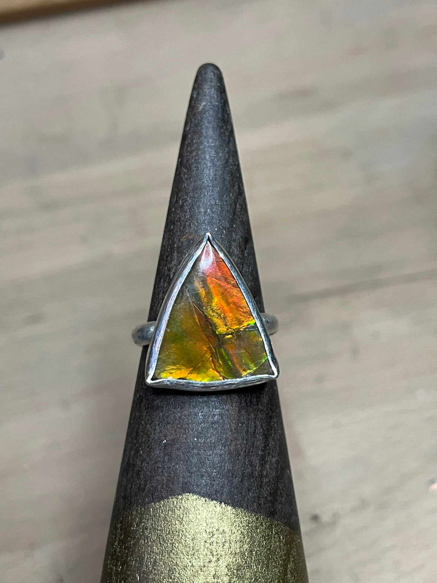 Ammolite Geometric Triangle Gemstone Sterling Silver Modernist Handmade OOAK Ring