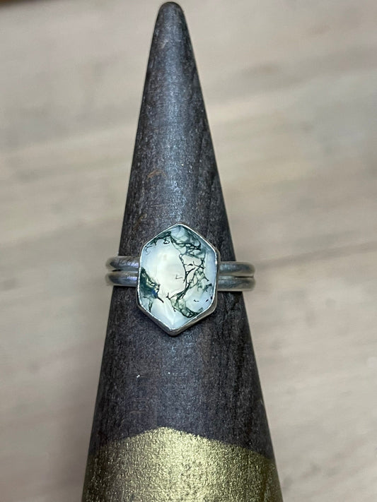 Faceted Moss Agate Gemstone Hexagon Geometric Modernist OOAK Sterling Silver Ring