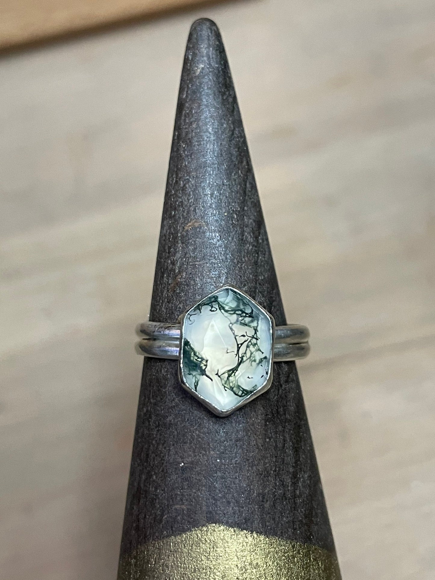 Faceted Moss Agate Gemstone Hexagon Geometric Modernist OOAK Sterling Silver Ring