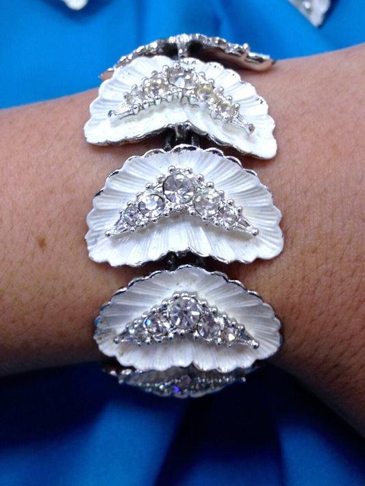 1930’s BSK White Enamel & Crystal Floral Art Nouveau Hollywood Regency Bracelet