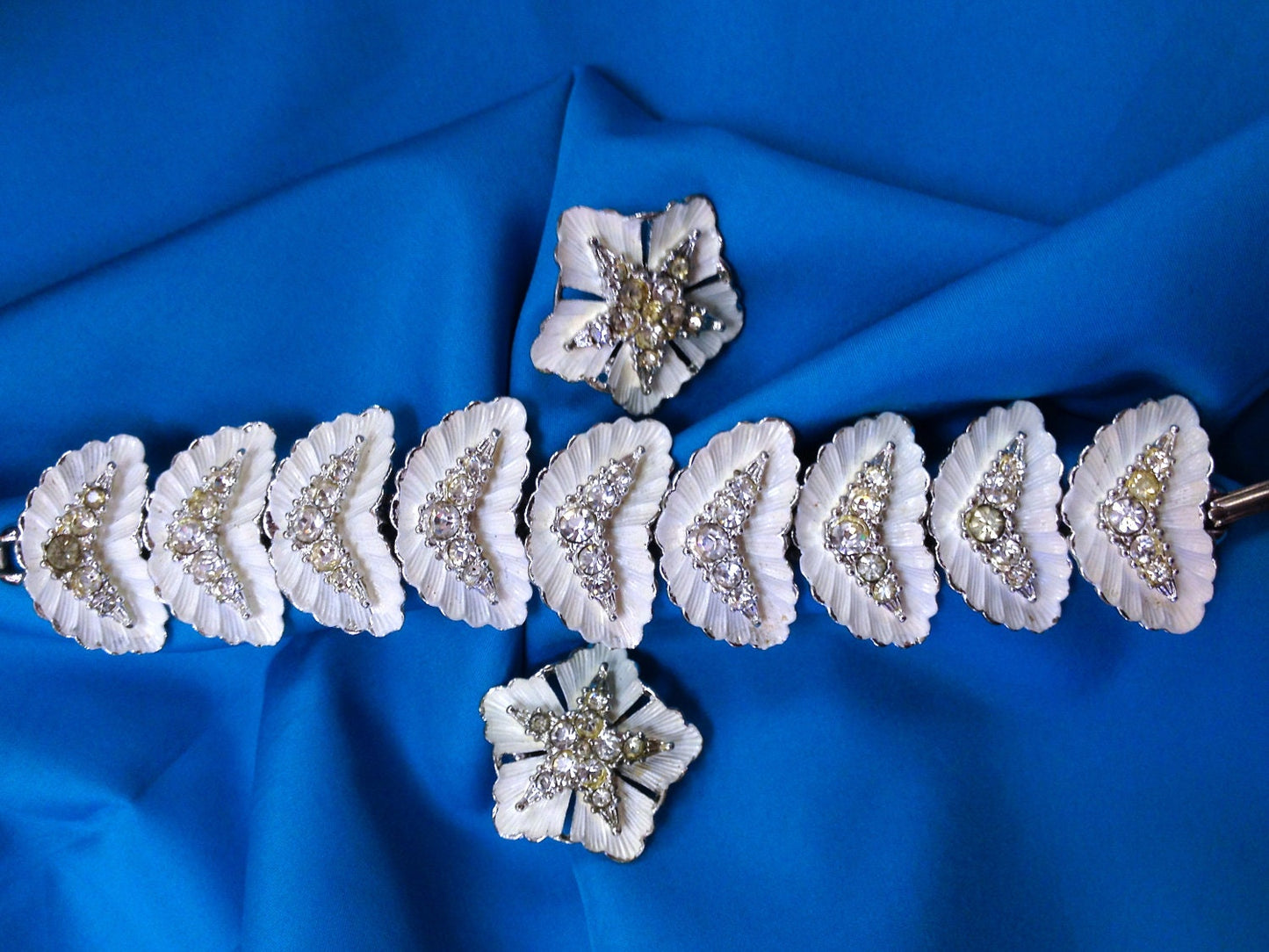 1930’s BSK White Enamel & Crystal Floral Art Nouveau Hollywood Regency Bracelet