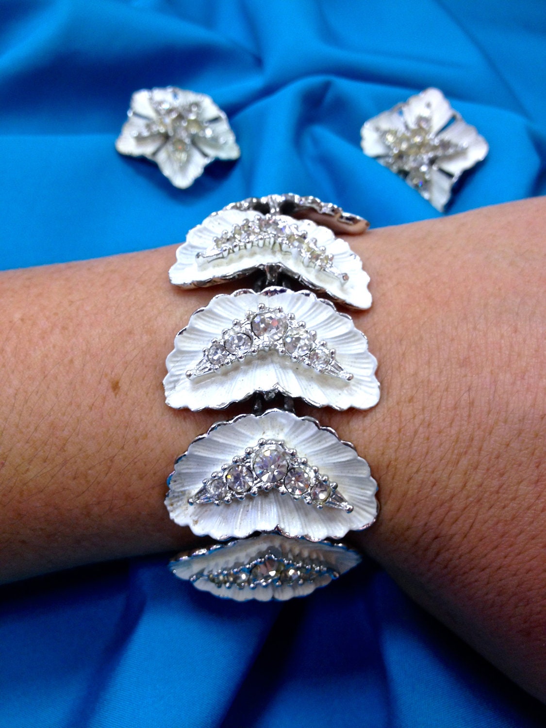 1930’s BSK White Enamel & Crystal Floral Art Nouveau Hollywood Regency Bracelet