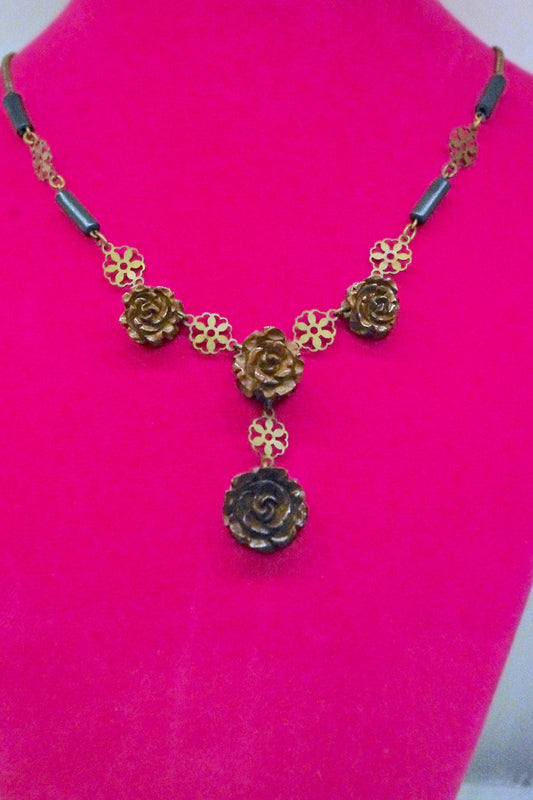 Antique Victorian Mourning Bog Oak Chocolate Brown Rose & Brass Filigree Necklace
