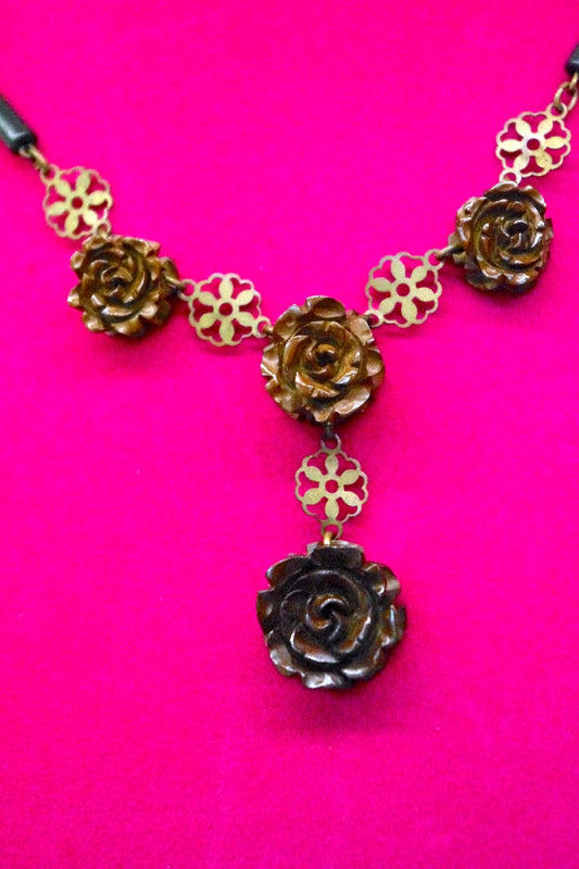Antique Victorian Mourning Bog Oak Chocolate Brown Rose & Brass Filigree Necklace