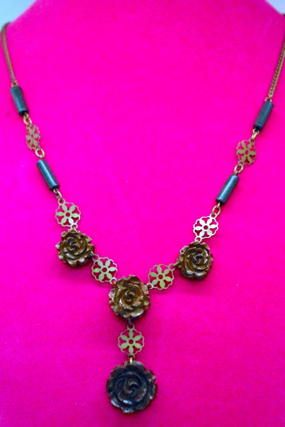 Antique Victorian Mourning Bog Oak Chocolate Brown Rose & Brass Filigree Necklace