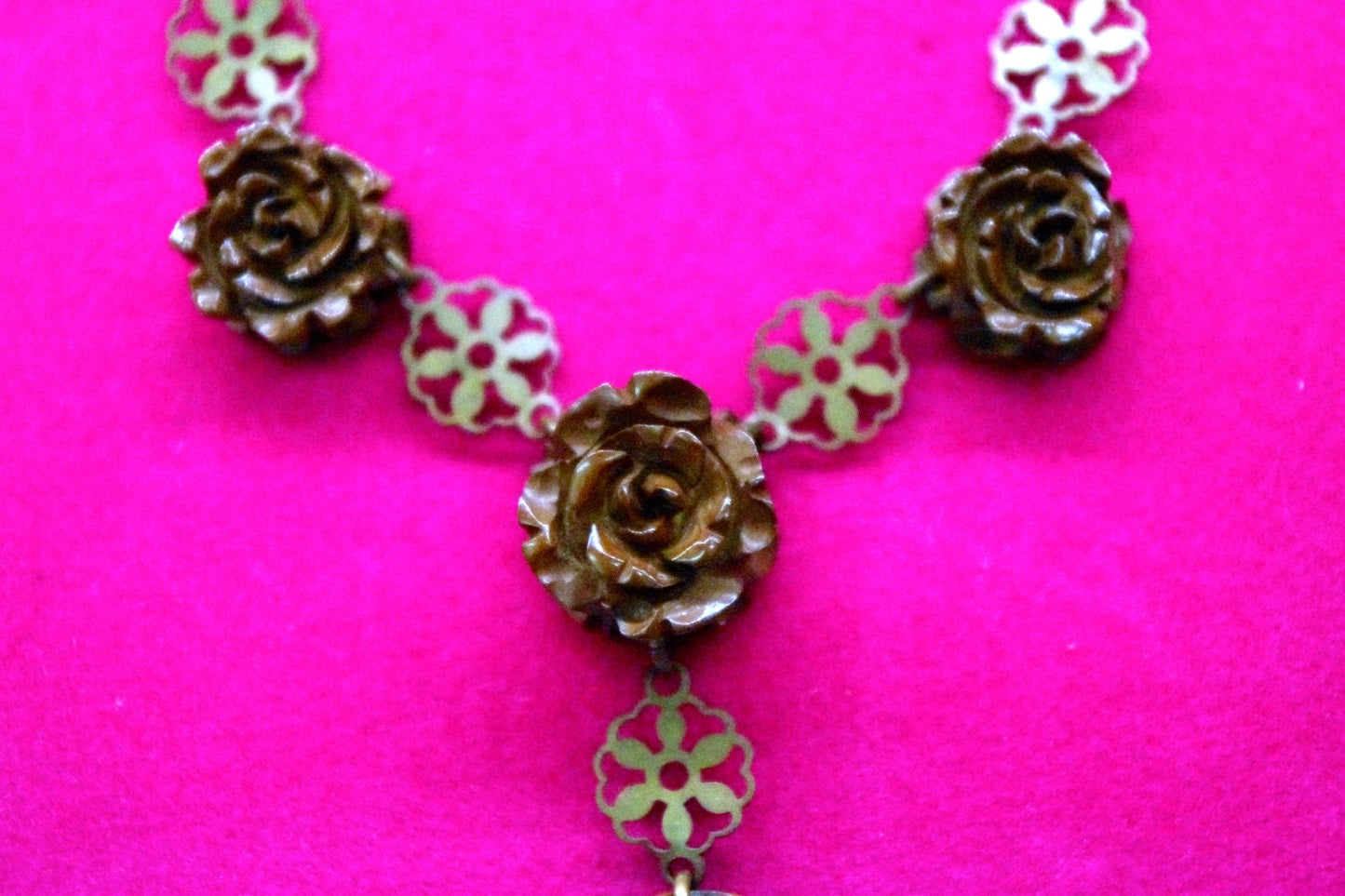Antique Victorian Mourning Bog Oak Chocolate Brown Rose & Brass Filigree Necklace
