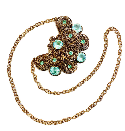 Czechoslovakian Aquamarine Crystal Brass Filigree Large Pendant Necklace c.1930’s