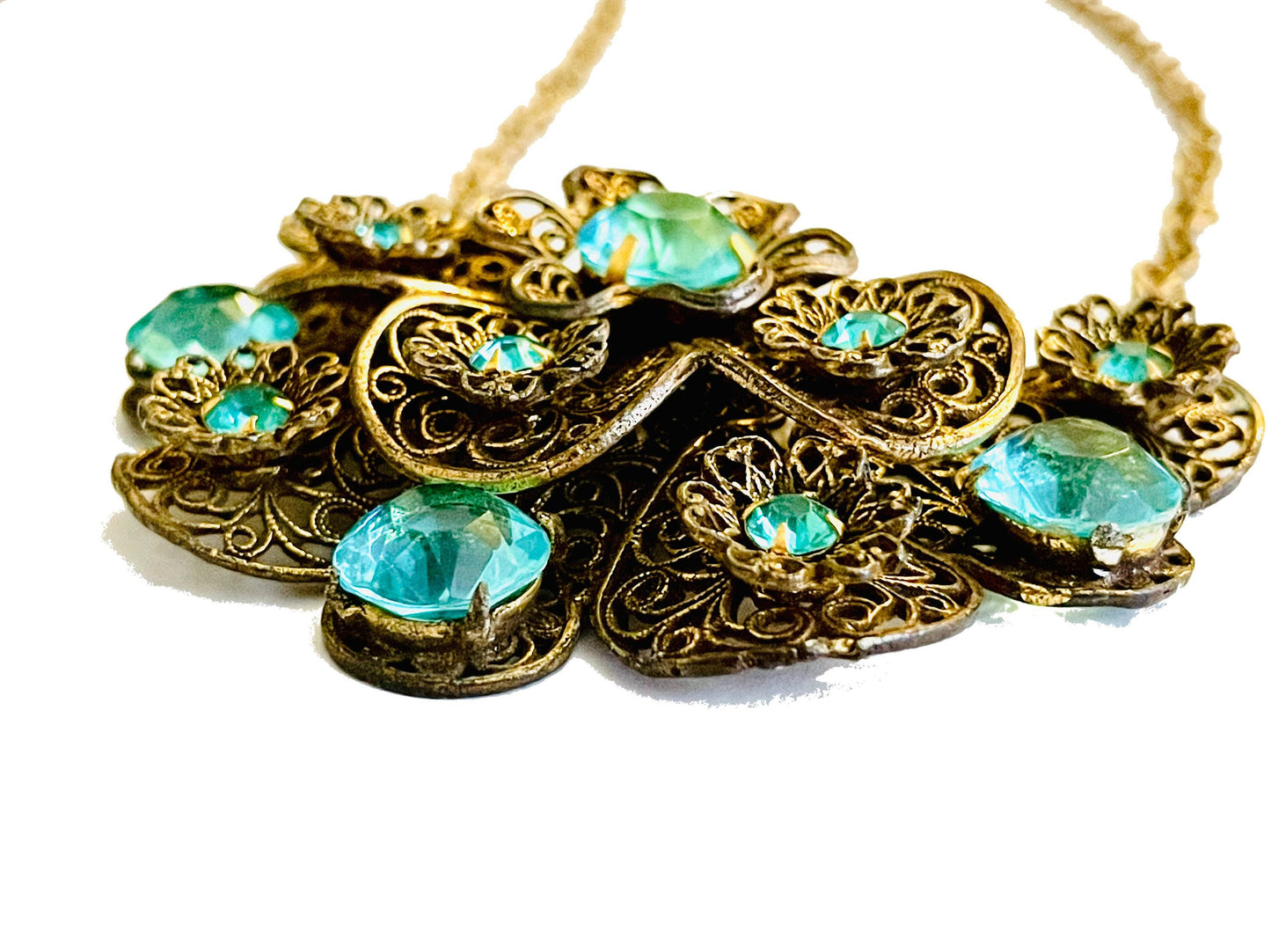Czechoslovakian Aquamarine Crystal Brass Filigree Large Pendant Necklace c.1930’s