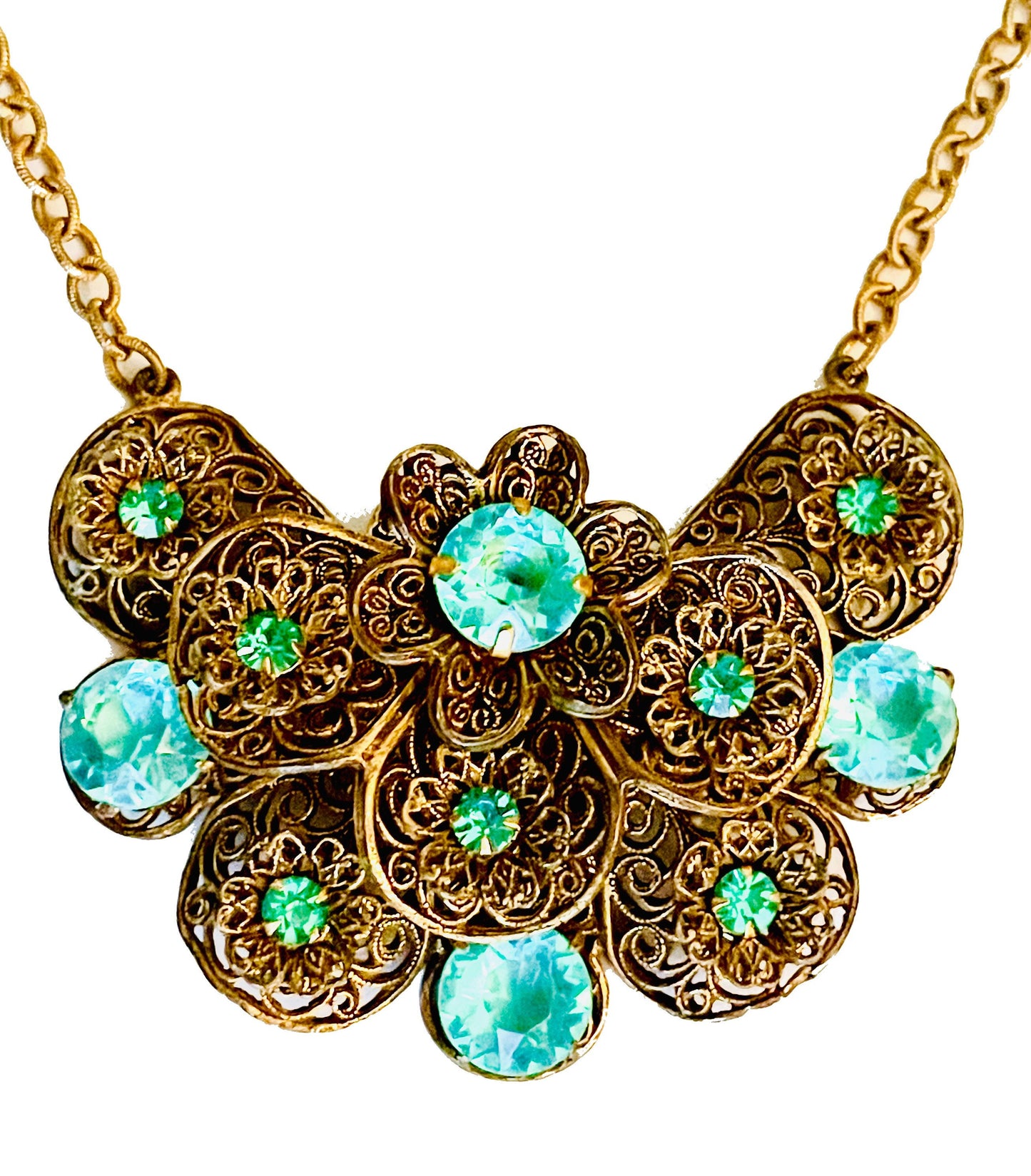 Czechoslovakian Aquamarine Crystal Brass Filigree Large Pendant Necklace c.1930’s