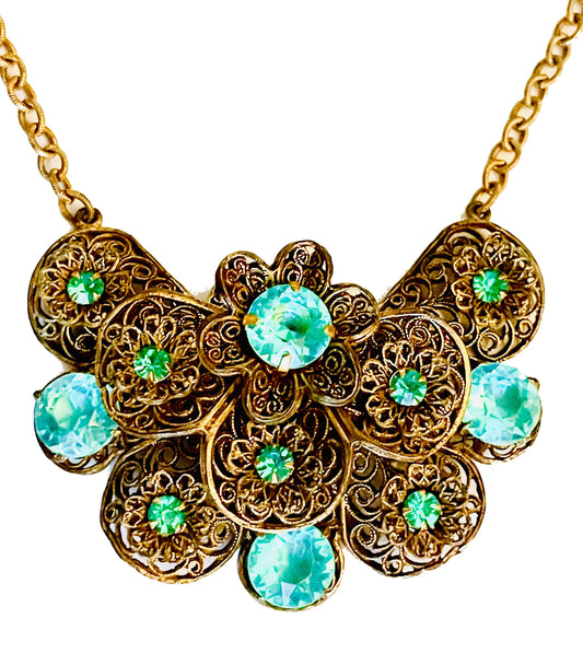 Czechoslovakian Aquamarine Crystal Brass Filigree Large Pendant Necklace c.1930’s