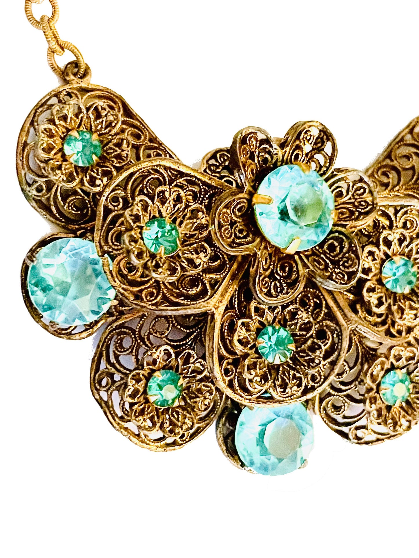 Czechoslovakian Aquamarine Crystal Brass Filigree Large Pendant Necklace c.1930’s