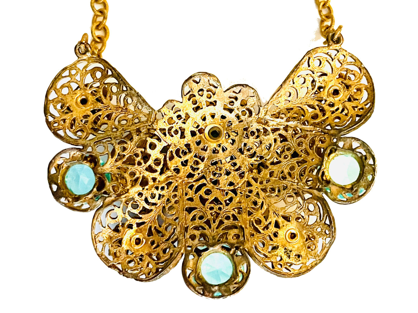 Czechoslovakian Aquamarine Crystal Brass Filigree Large Pendant Necklace c.1930’s