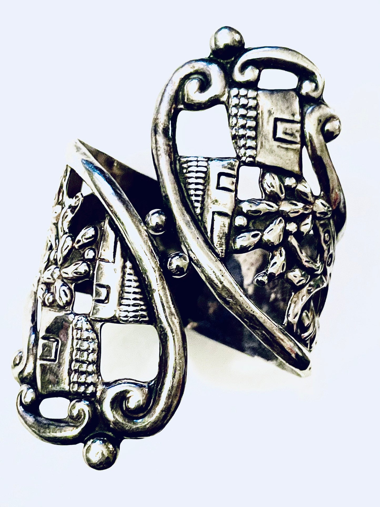 Antique Balladares Mexican Sterling Silver Storyteller Repoussé Hollow-work Gaucho Vaquero Cowboy Cactus Hinged Clamper Bracelet c.1920’s