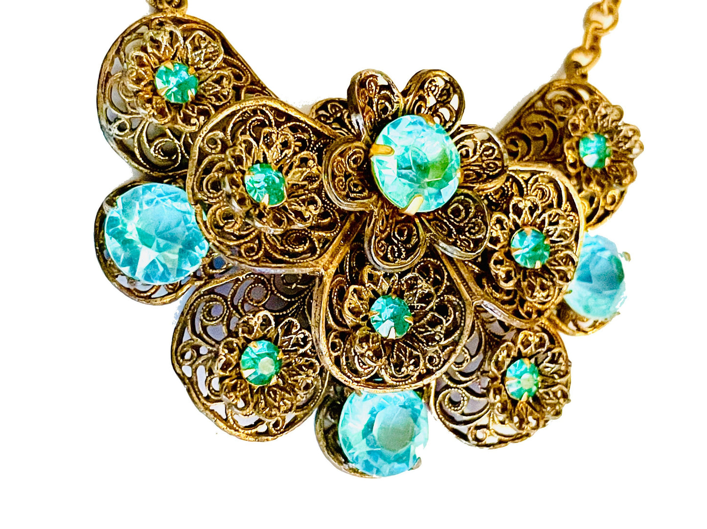 Czechoslovakian Aquamarine Crystal Brass Filigree Large Pendant Necklace c.1930’s