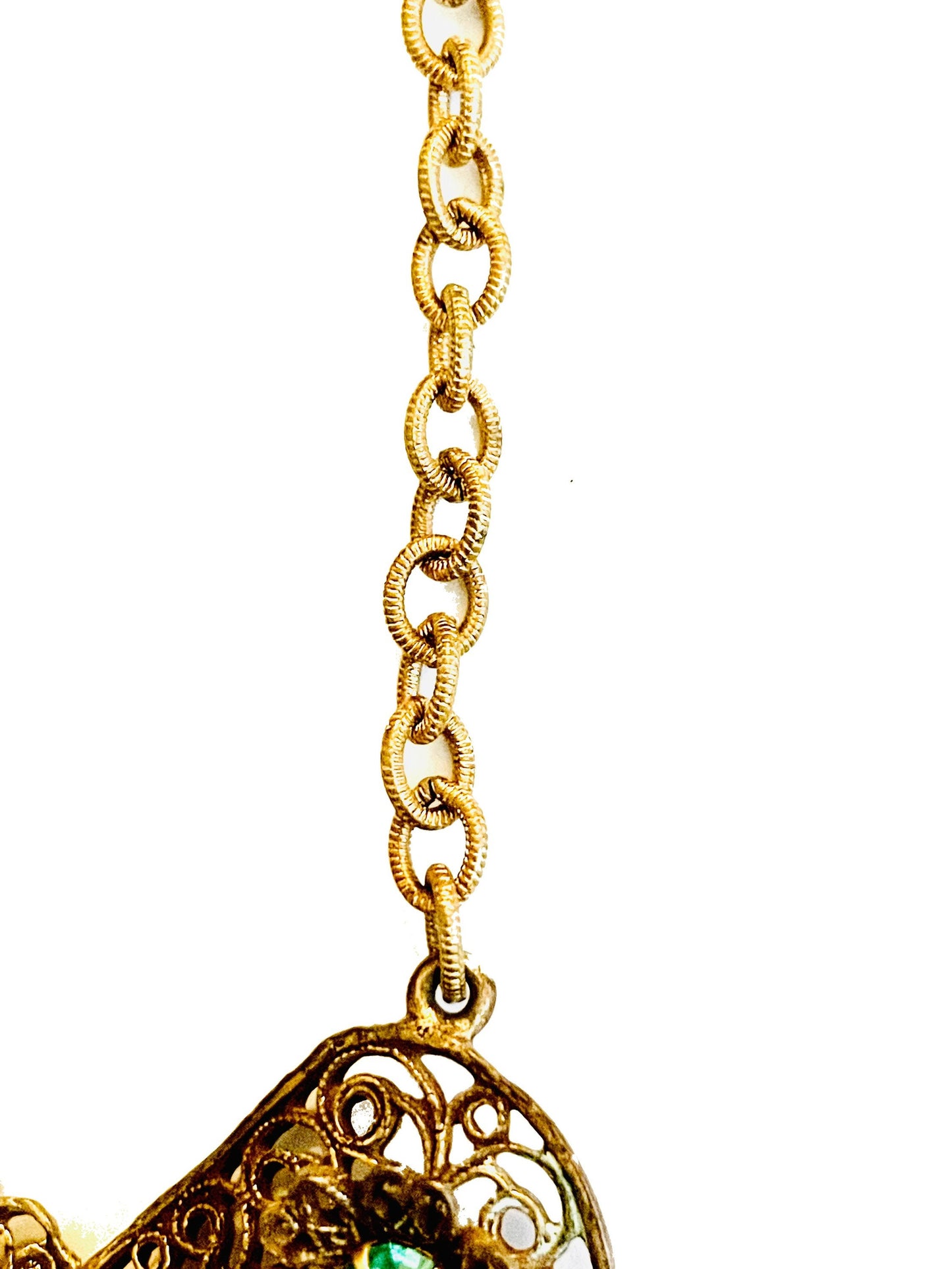 Czechoslovakian Aquamarine Crystal Brass Filigree Large Pendant Necklace c.1930’s