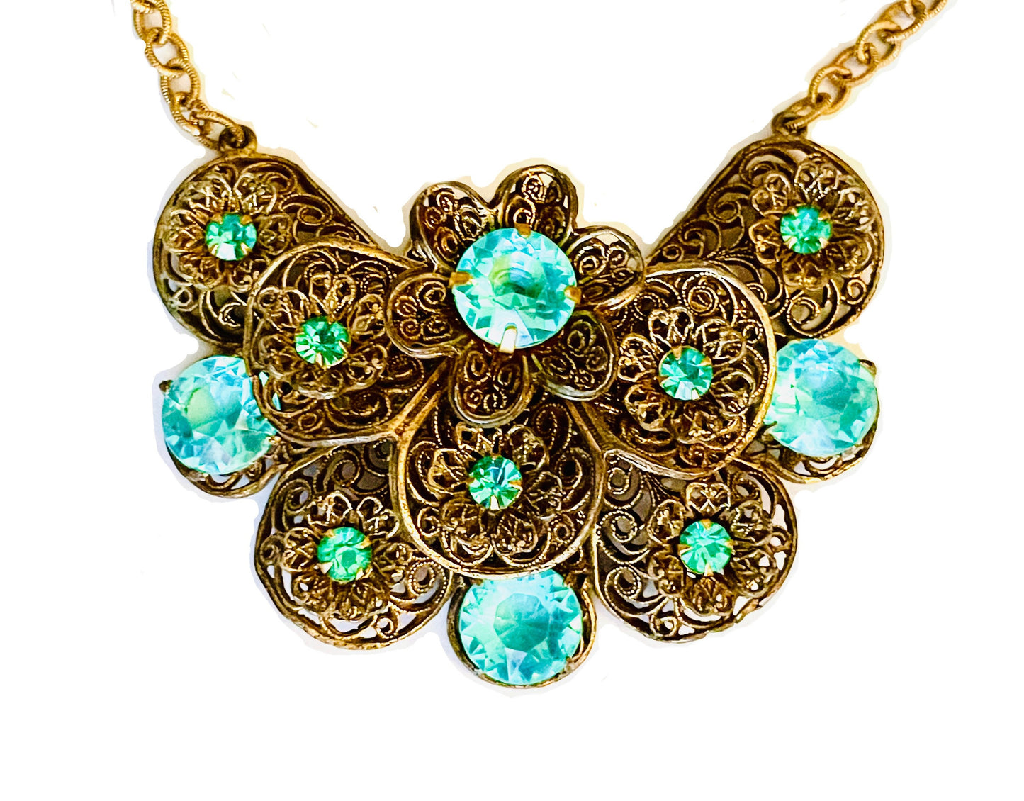 Czechoslovakian Aquamarine Crystal Brass Filigree Large Pendant Necklace c.1930’s