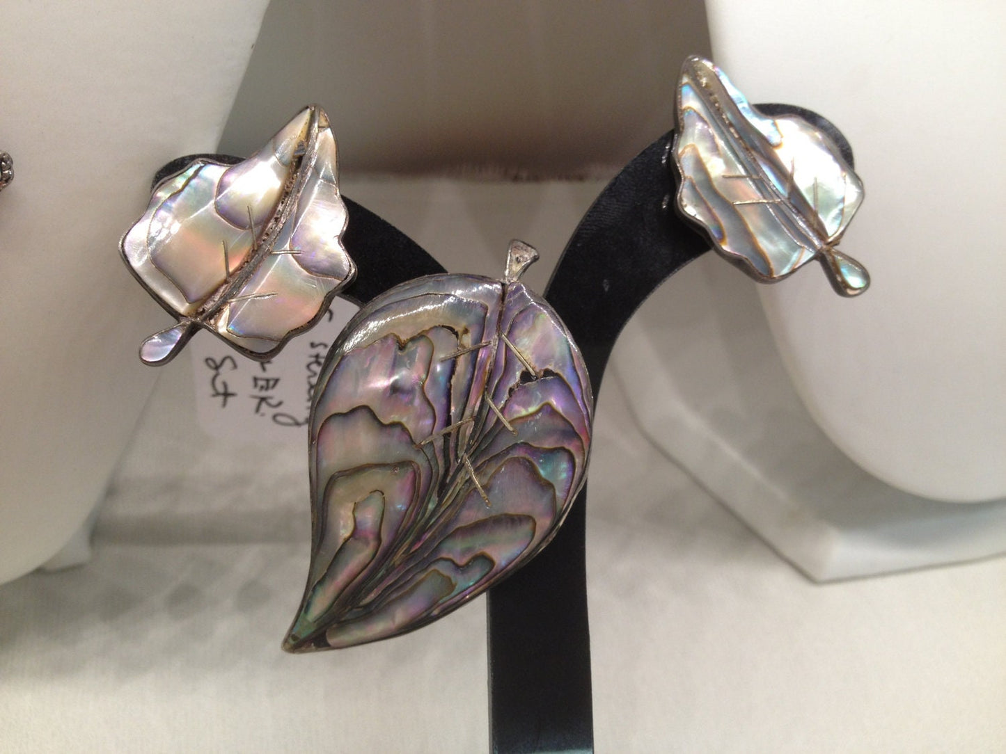 Vintage Sterling Silver & Abalone Leaf Earrings SIGNED Taxco Mexico