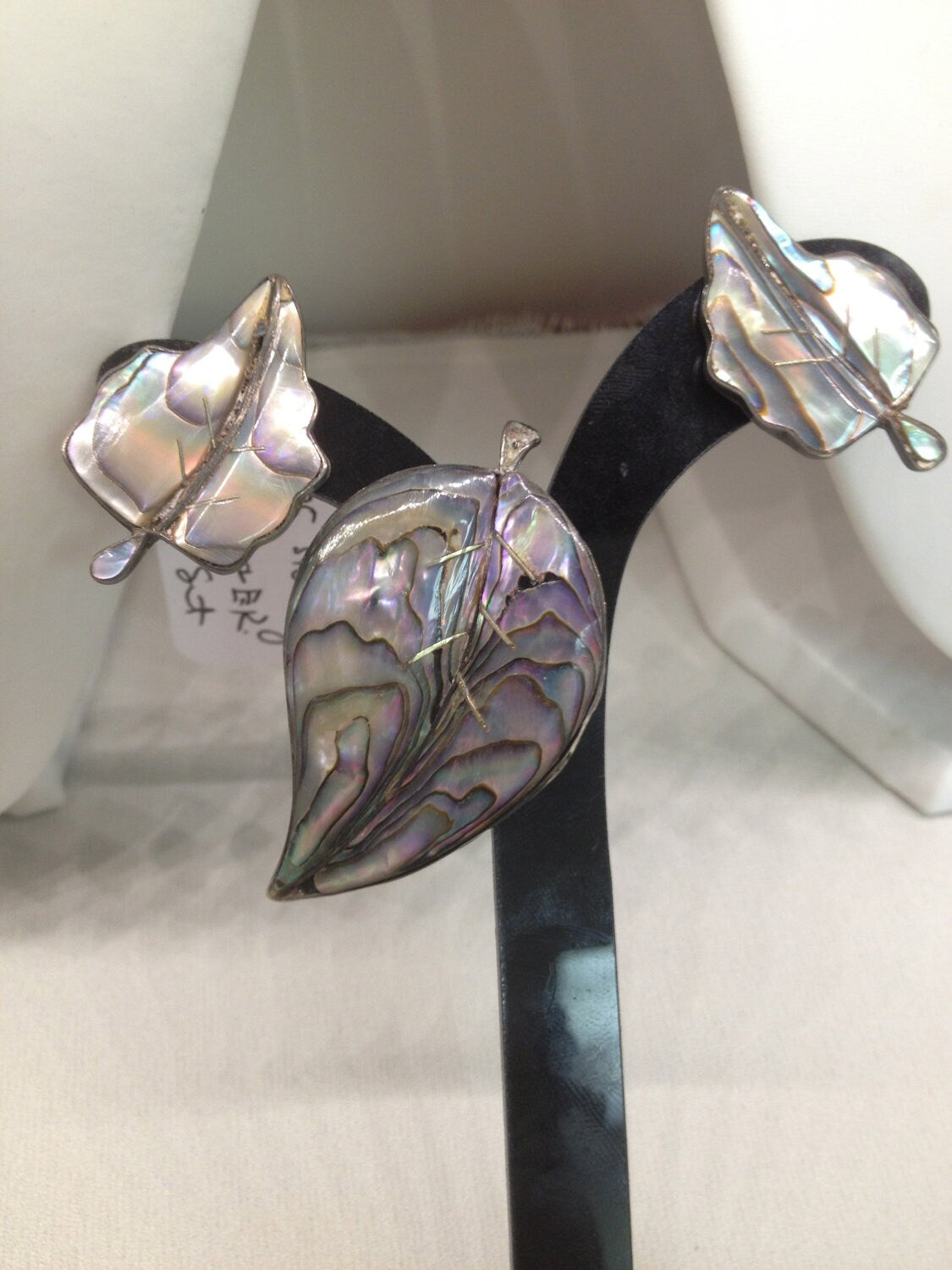Vintage Sterling Silver & Abalone Leaf Earrings SIGNED Taxco Mexico
