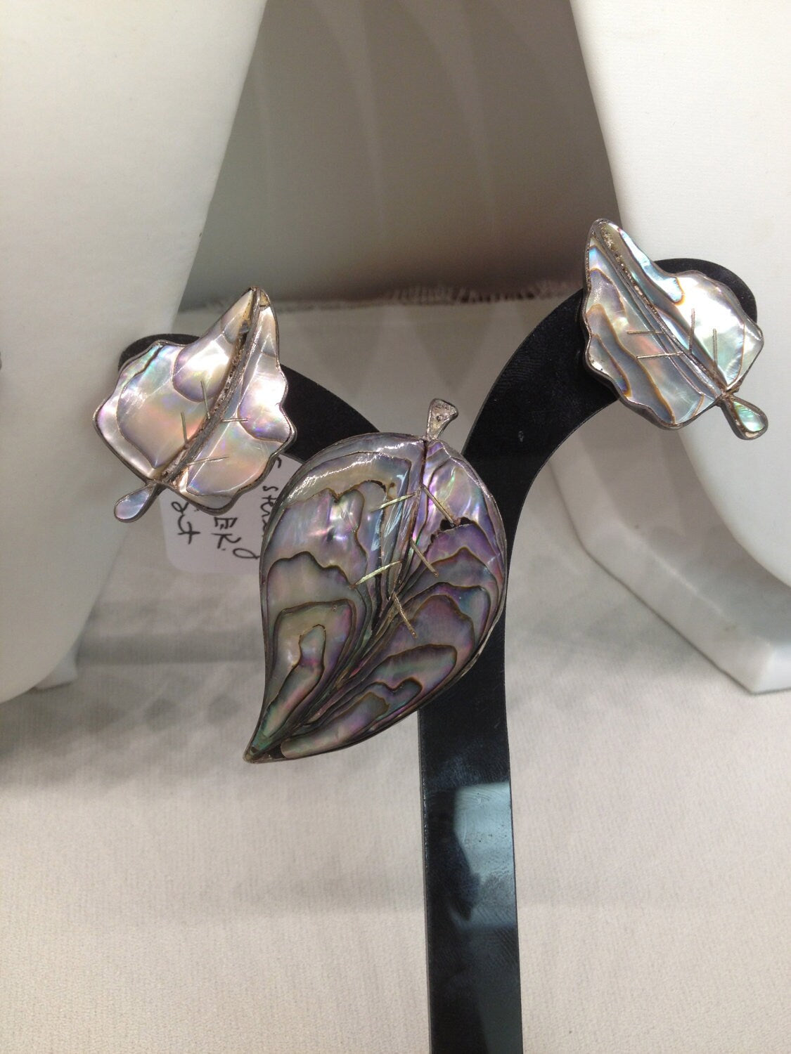 Vintage Sterling Silver & Abalone Leaf Earrings SIGNED Taxco Mexico