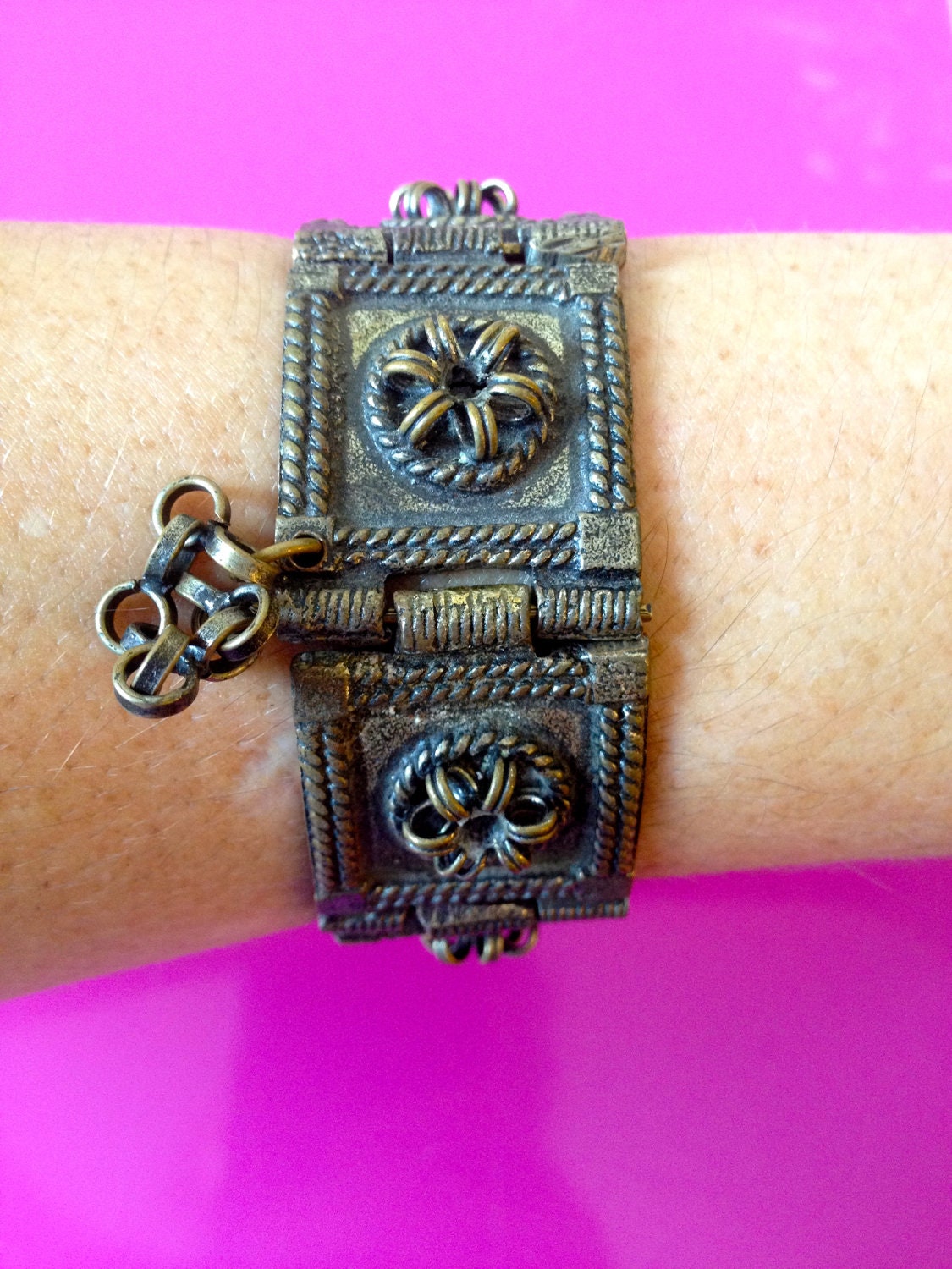 Amazing Antique Barbaric Cast Brass Bronze Pin Hinged Panel Bracelet