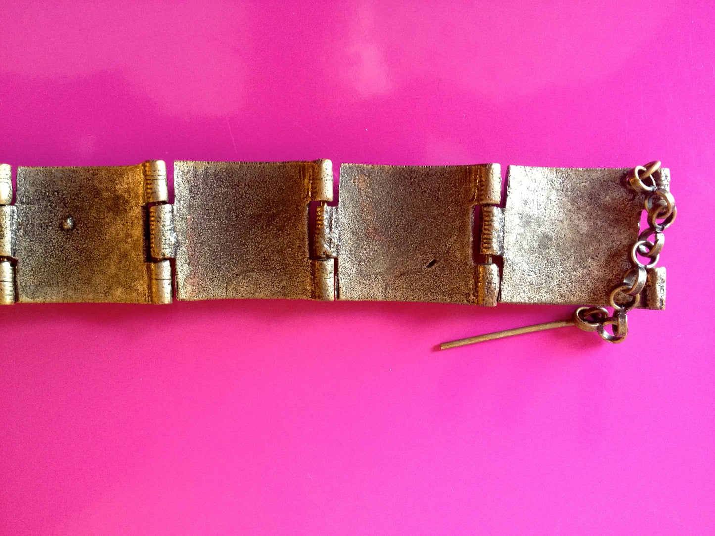 Amazing Antique Barbaric Cast Brass Bronze Pin Hinged Panel Bracelet