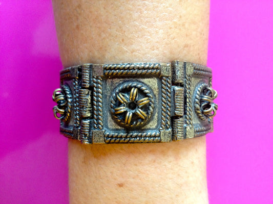 Amazing Antique Barbaric Cast Brass Bronze Pin Hinged Panel Bracelet