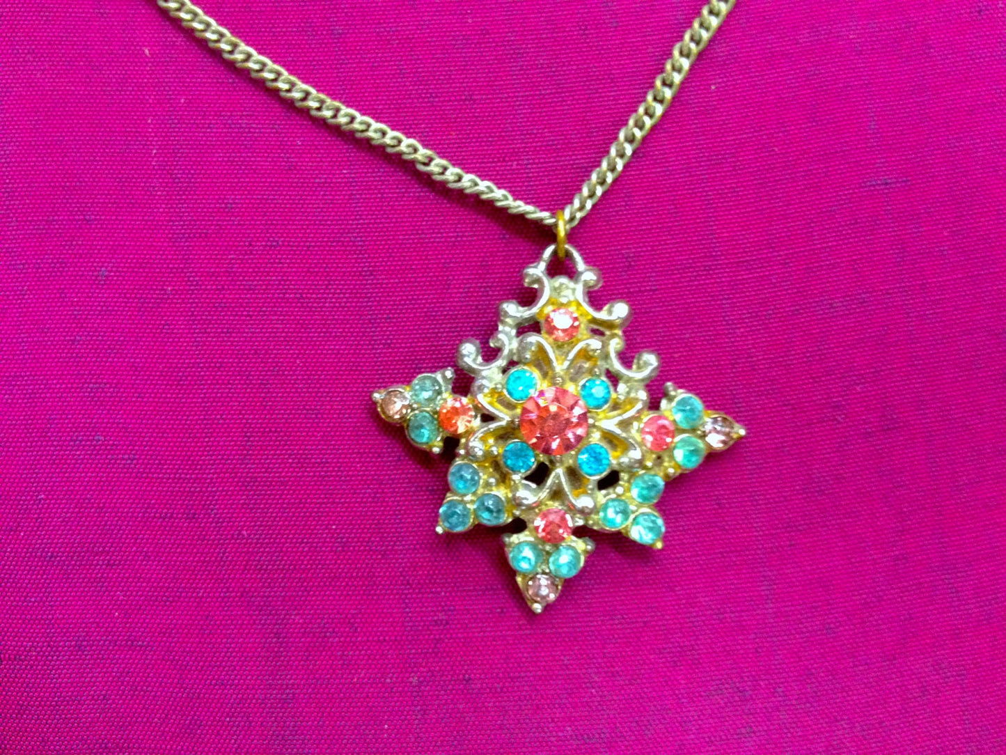 Antique Art Nouveau Hollywood Glamour Silver Pot Metal & Multi Colored Crystal Rhinestone Fruit Salad Necklace
