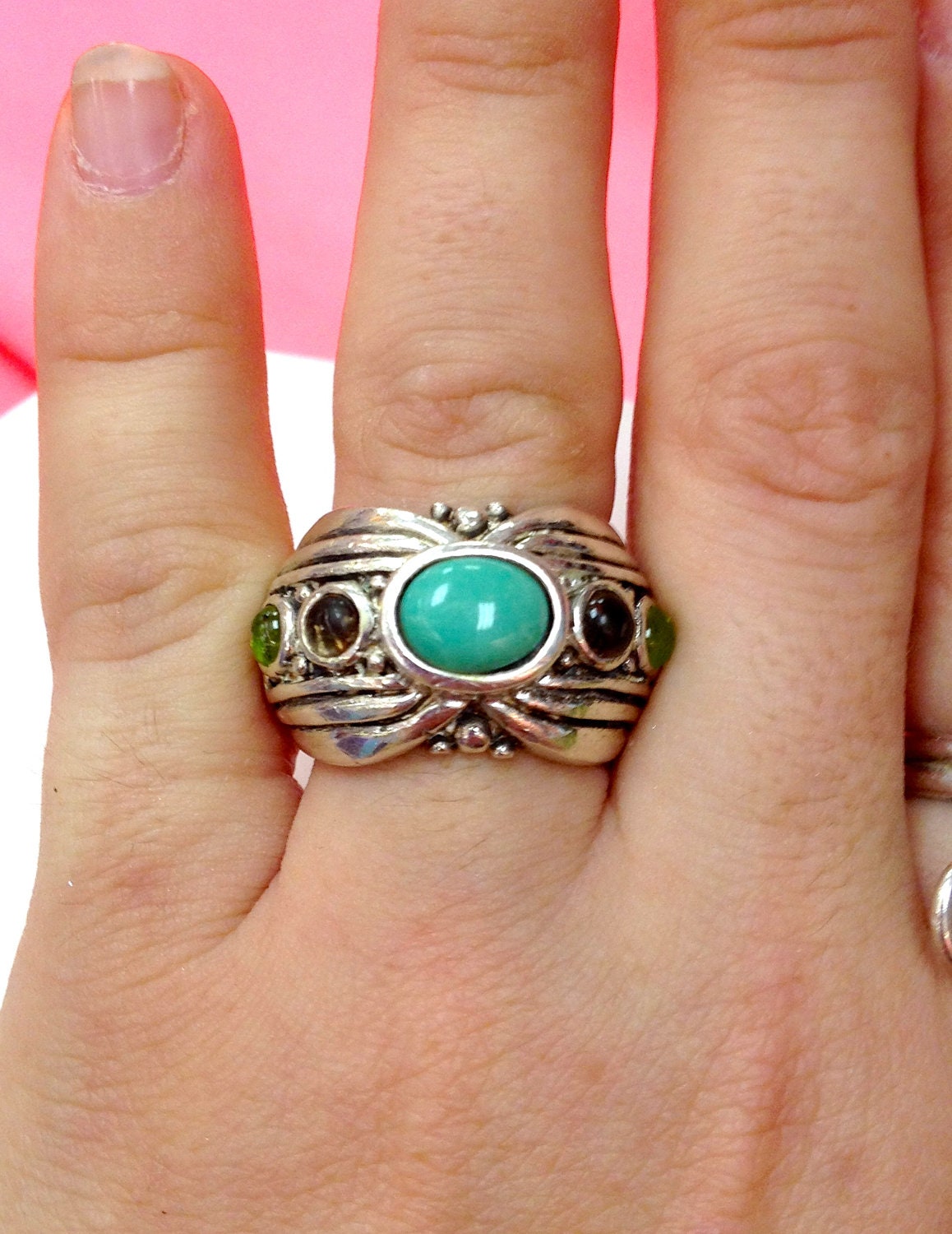 Vintage BARSE Signed Chunky Sterling Silver, Turquoise, Amethyst & Peridot Ring