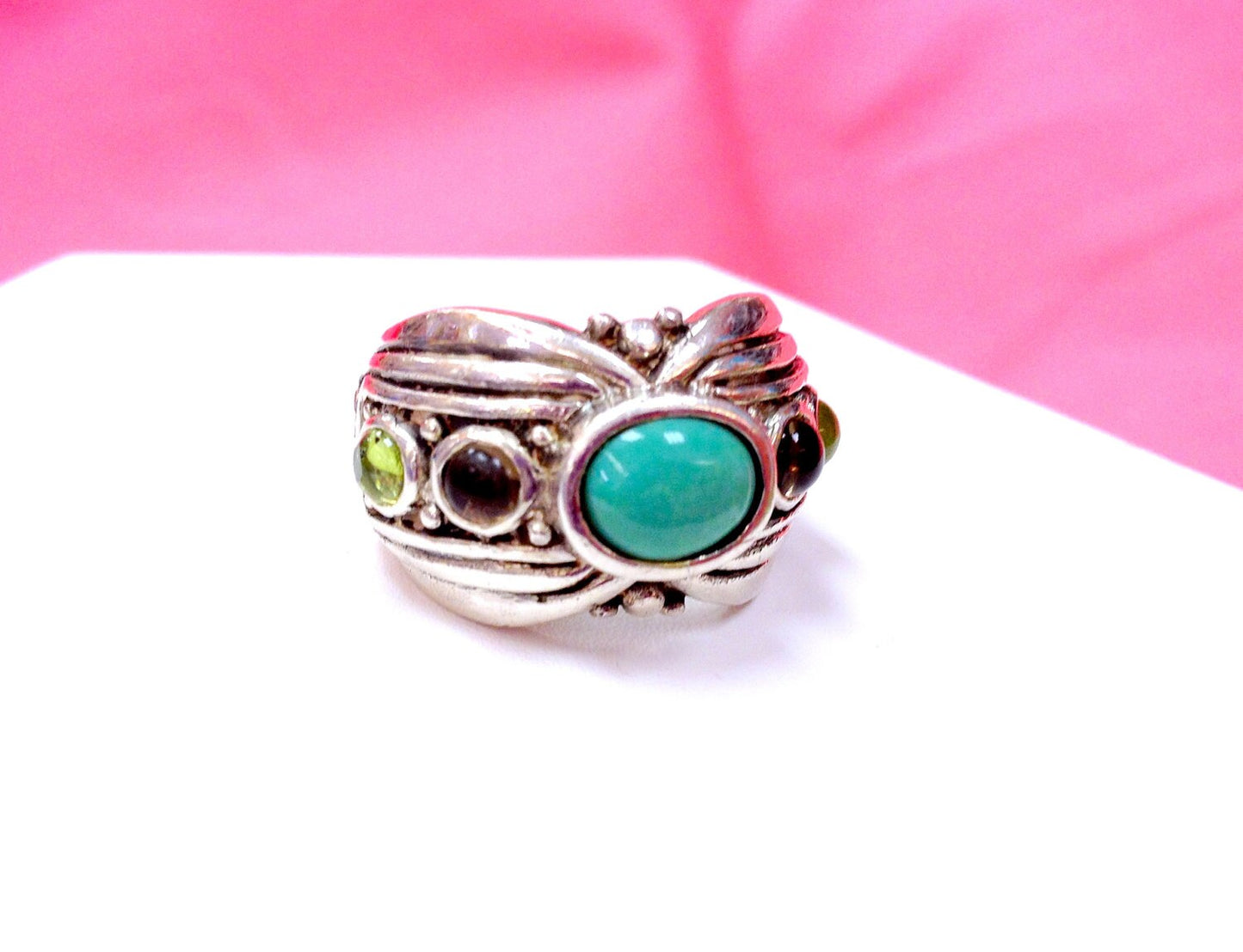 Vintage BARSE Signed Chunky Sterling Silver, Turquoise, Amethyst & Peridot Ring
