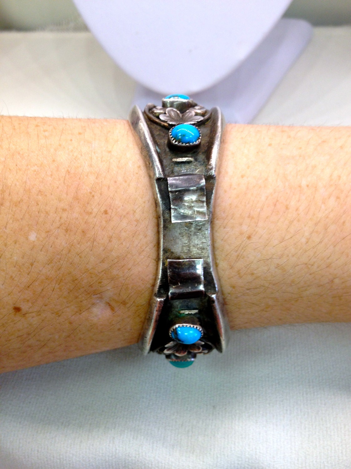 Antique Cast Native American Heavy Cuff Watch Bracelet Bezel Set with Turquoise